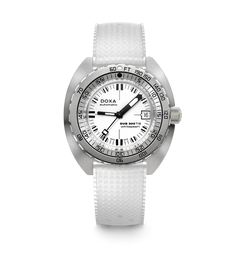 A silver-tone Doxa Sub 300 Titan wristwatch with a textured white strap, featuring a white dial with black markings and a black bezel.