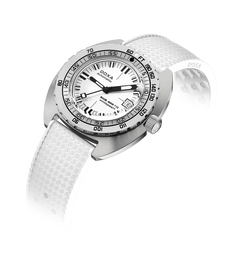 A DOXA automatic watch with a silver stainless steel case, white dial, and textured white silicone strap, shown on a clean white background with a soft shadow.