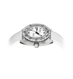 A COSMOS wristwatch with a silver stainless steel case, white dial, and white textured strap, shown from a side profile on a clean white background.