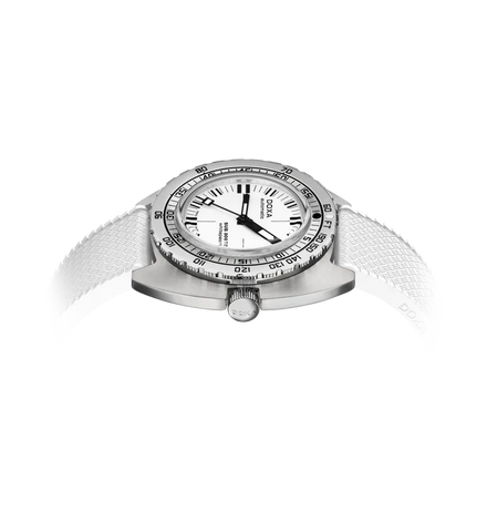 A COSMOS wristwatch with a silver stainless steel case, white dial, and white textured strap, shown from a side profile on a clean white background.