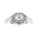 A COSMOS wristwatch with a silver stainless steel case, white dial, and white textured strap, shown from a side profile on a clean white background.