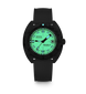 A black DOXA Submariner watch with a glowing green dial and black strap, shown against a plain white background.