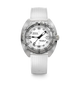 A silver-tone Doxa Sub 300 Titan wristwatch with a textured white strap, featuring a white dial with black markings and a black bezel.
