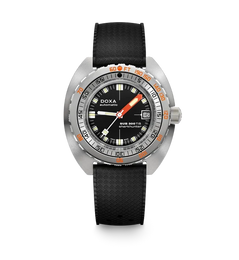 A DOXA Sub Diver 700 wristwatch with a black textured strap, a silver stainless steel case, and a black dial featuring orange and white markings.