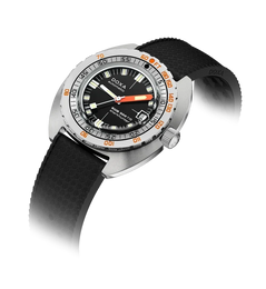 A Doxa Swimmer watch with a silver stainless steel case, black dial, black textured silicone strap, and orange accents on the bezel and hands, shown on a white background with a soft shadow.