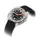 A Doxa Swimmer watch with a silver stainless steel case, black dial, black textured silicone strap, and orange accents on the bezel and hands, shown on a white background with a soft shadow.