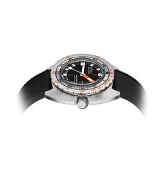 A close-up of a dial steel watch with a black bezel, black dial, orange accents, and a black textured strap, shown against a white background with a soft shadow.
