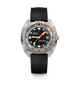 A DOXA Sub Diver 700 wristwatch with a black textured strap, a silver stainless steel case, and a black dial featuring orange and white markings.