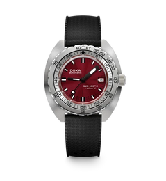 A Doxa Sub 300 TIT automatic watch with a deep red dial, silver stainless steel case, and a textured black rubber strap, shown against a plain white background.