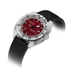 A DOXA Swiss Army 1917 wristwatch featuring a deep red dial, a silver stainless steel case, and a textured black rubber strap, shown on a white background with a soft shadow.