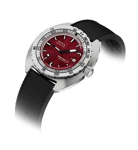 A DOXA Swiss Army 1917 wristwatch featuring a deep red dial, a silver stainless steel case, and a textured black rubber strap, shown on a white background with a soft shadow.