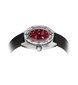 A wristwatch with a silver-toned case, a deep red dial, and a black textured strap, shown on a plain white background with a soft glow effect.