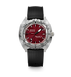 A Doxa Sub 300 TIT automatic watch with a deep red dial, silver stainless steel case, and a textured black rubber strap, shown against a plain white background.