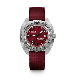 A DOXA Sub 300 TIT automatic watch featuring a deep red dial and a matching textured red strap, set against a clean white background.