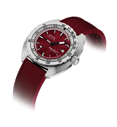 A DOXA Swiss Meter 170 automatic watch with a deep red dial and matching red silicone strap, set against a clean white background with a soft shadow.