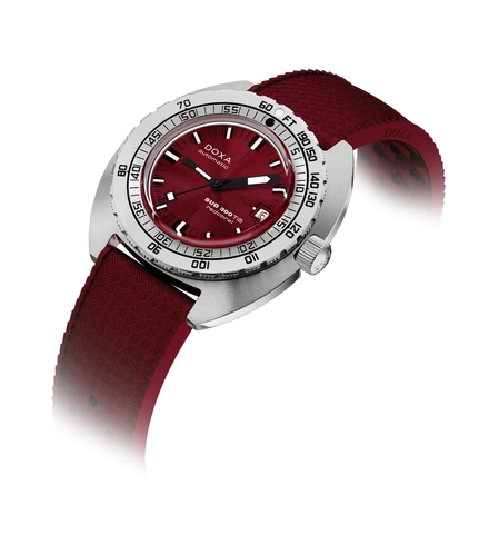A DOXA Swiss Meter 170 automatic watch with a deep red dial and matching red silicone strap, set against a clean white background with a soft shadow.