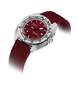 A DOXA Swiss Meter 170 automatic watch with a deep red dial and matching red silicone strap, set against a clean white background with a soft shadow.
