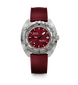 A DOXA Sub 300 TIT automatic watch featuring a deep red dial and a matching textured red strap, set against a clean white background.