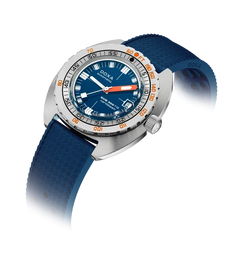 A Doxa wristwatch with a blue dial, blue textured strap, silver-toned stainless steel case, and orange accents on the bezel and hands, shown on a white background with a soft shadow.