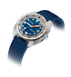 A Doxa wristwatch with a blue dial, blue textured strap, silver-toned stainless steel case, and orange accents on the bezel and hands, shown on a white background with a soft shadow.