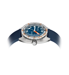 A wristwatch with a silver-toned stainless steel case, a blue dial, orange accents on the bezel and hands, and a textured blue strap, shown on a plain white background.