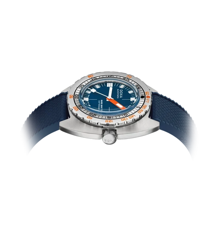 A wristwatch with a silver-toned stainless steel case, a blue dial, orange accents on the bezel and hands, and a textured blue strap, shown on a plain white background.
