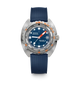 A DOXA Sub Diver 700 wristwatch with a blue textured strap, a silver stainless steel case, a blue dial with white and orange details, and a rotating bezel, shown against a plain white background.