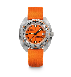 A DOXA Sub 500 70m professional dive watch featuring a vibrant orange dial and textured orange strap, with a silver stainless steel case and a black and orange rotating bezel, shown against a plain white background.
