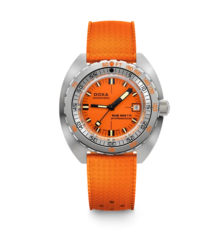 A DOXA Sub 500 70m professional dive watch featuring a vibrant orange dial and textured orange strap, with a silver stainless steel case and a black and orange rotating bezel, shown against a plain white background.
