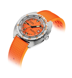 A DOXA wristwatch with a bright orange textured silicone strap, a silver stainless steel case, and an orange dial with white markings, shown on a white background with a soft shadow.