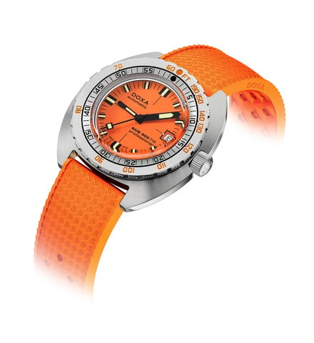 A DOXA wristwatch with a bright orange textured silicone strap, a silver stainless steel case, and an orange dial with white markings, shown on a white background with a soft shadow.