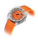 A DOXA wristwatch with a bright orange textured silicone strap, a silver stainless steel case, and an orange dial with white markings, shown on a white background with a soft shadow.