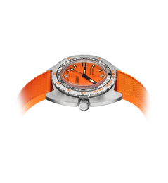 A wristwatch with a bright orange dial, orange strap, and silver-toned case on a plain white background.