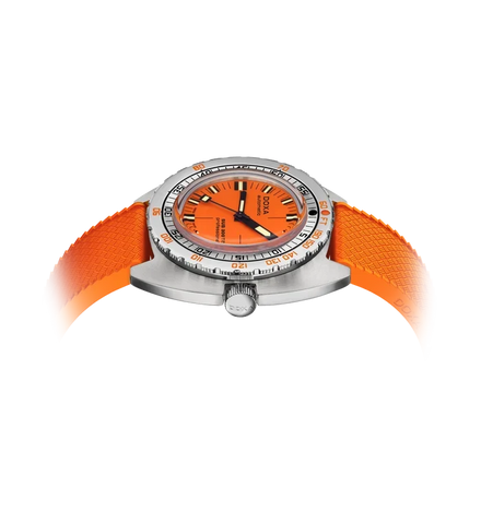 A wristwatch with a bright orange dial, orange strap, and silver-toned case on a plain white background.