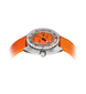 A wristwatch with a bright orange dial, orange strap, and silver-toned case on a plain white background.
