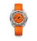 A DOXA Sub 500 70m professional dive watch featuring a vibrant orange dial and textured orange strap, with a silver stainless steel case and a black and orange rotating bezel, shown against a plain white background.