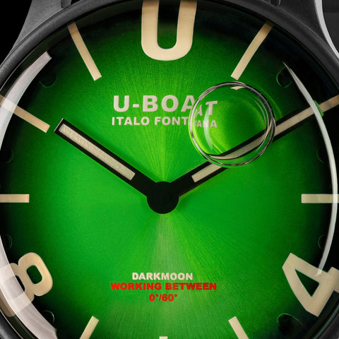 Close-up of a U-Boat watch face with green dial and black bezel.