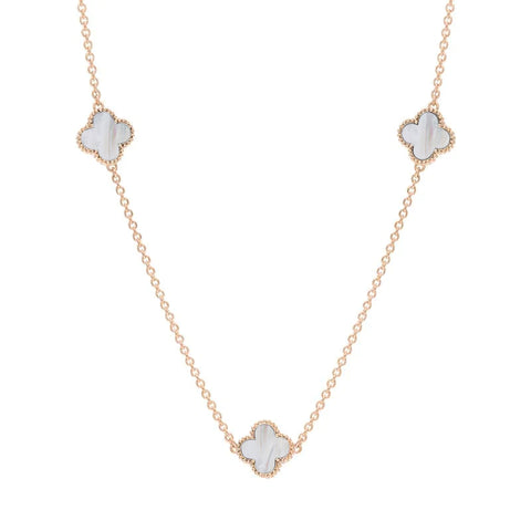 9ct Rose Gold White Mother of Pearl Bloom Four Leaf Clover Ball Edge Necklace