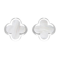 9ct White Gold WHITE MOP Bloom Four Leaf Clover Stud Earrings, E2465