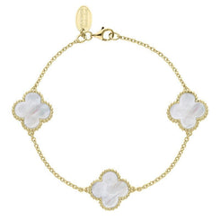9ct Yellow Gold WHITE MOP Bloom Four Leaf Clover Ball Edge Chain Bracelet, B1153