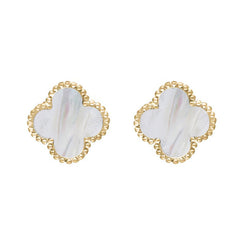 9ct Yellow Gold WHITE MOP Bloom Four Leaf Clover Ball Edge Stud Earrings, E2600