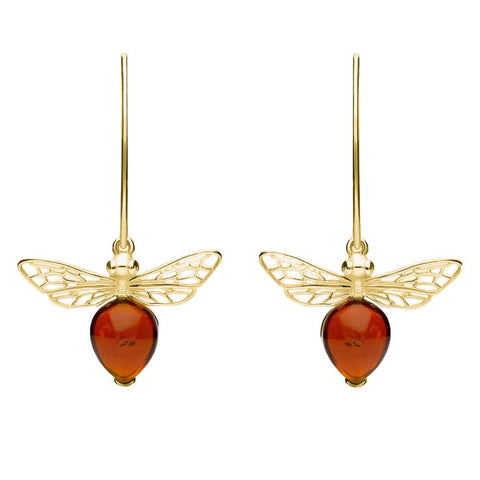 9ct Yellow Gold Amber Bee Small Hook Earrings, E2438.