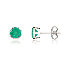9ct White Gold Emerald 5mm Round Rub Over Set Stud Earrings