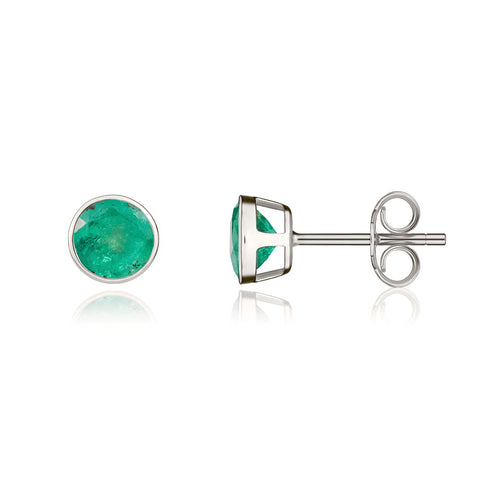 9ct White Gold Emerald 5mm Round Rub Over Set Stud Earrings