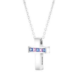 9ct White Gold Pink Blue Sapphire Cross Pendant Necklace D