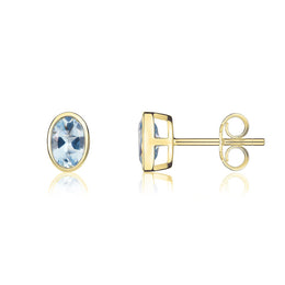 9ct Yellow Gold Aquamarine 6x4mm Oval Rub Over Set Stud Earrings
