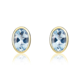 9ct Yellow Gold Aquamarine 6x4mm Oval Rub Over Set Stud Earrings. 33-25-002.