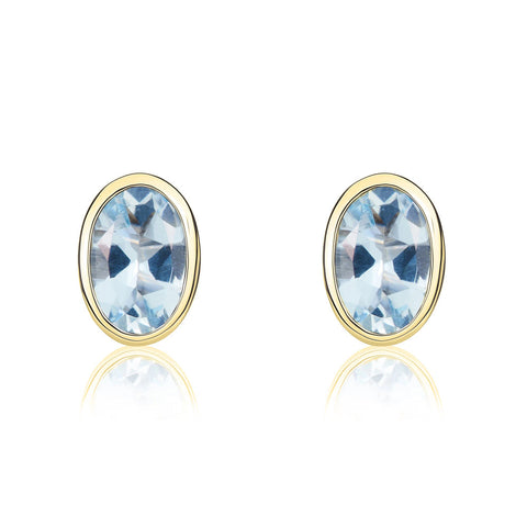 9ct Yellow Gold Aquamarine 6x4mm Oval Rub Over Set Stud Earrings. 33-25-002.