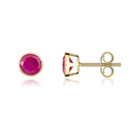 9ct Yellow Gold Ruby 5mm Round Rub Over Set Stud Earrings