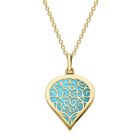 9ct Yellow Gold Turquoise Flore Filigree Medium Heart Necklace. P3630.